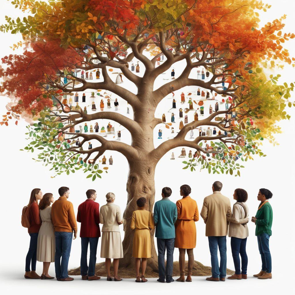 A diverse group of people gathered around a large, ancient family tree, with colorful branches and leaves representing various cultures. In the background, modern technology like DNA testing kits and genealogy websites is visible, symbolizing the blend of tradition and innovation. Soft, warm lighting enhances the welcoming atmosphere of exploration and discovery. super-realistic. vibrant colors. white background.