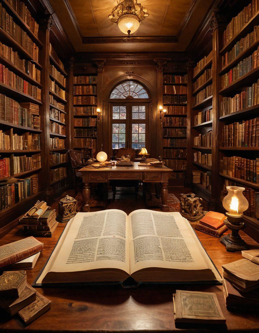 An intricately designed ancient manuscript open to reveal colorful illustrations of ancestors and their stories, surrounded by heirlooms and artifacts from various cultures, with a backdrop of a warm, inviting library filled with books and scrolls. soft lighting enhances the scene, inviting curiosity and reverence for heritage. vintage aesthetic. warm tones. highly detailed.