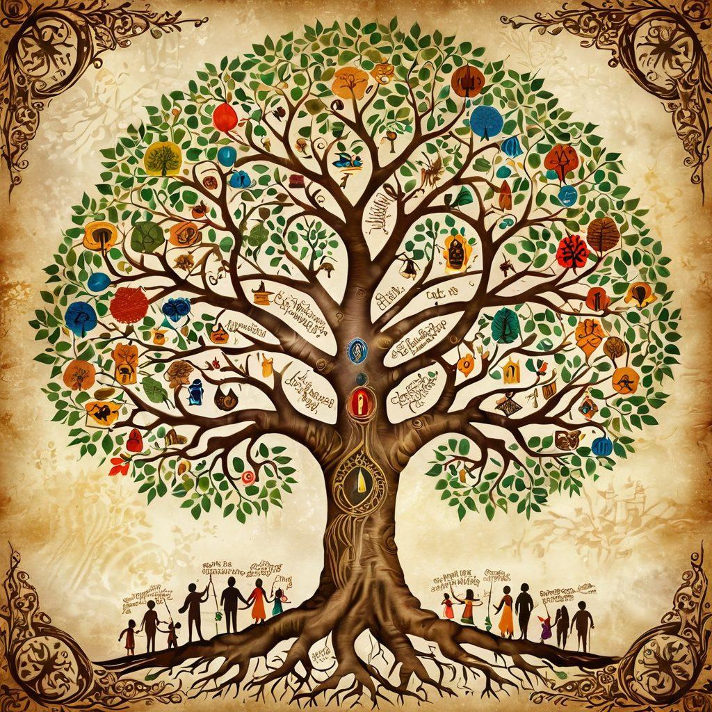 A beautifully detailed family tree spreading across a vintage parchment background, with roots intertwining into an ancient landscape depicting various cultural landmarks. People of diverse backgrounds are shown connecting through branches, each holding symbolic objects representing their heritage. Light illuminates the tree, emphasizing the theme of discovery and connection. super-realistic. vibrant colors. intricate details.